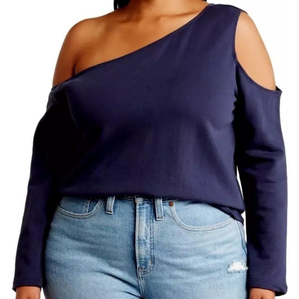1.State Indigo Asymmetrical Long Sleeve Top Off Shoulder & Cold Shoulder 2X  NEW